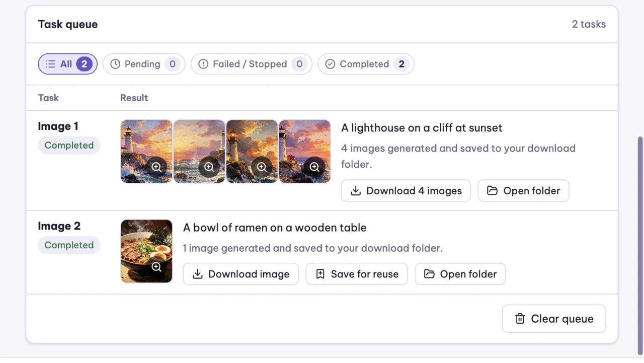RoAuto Dola task queue with two finished image tasks and their results