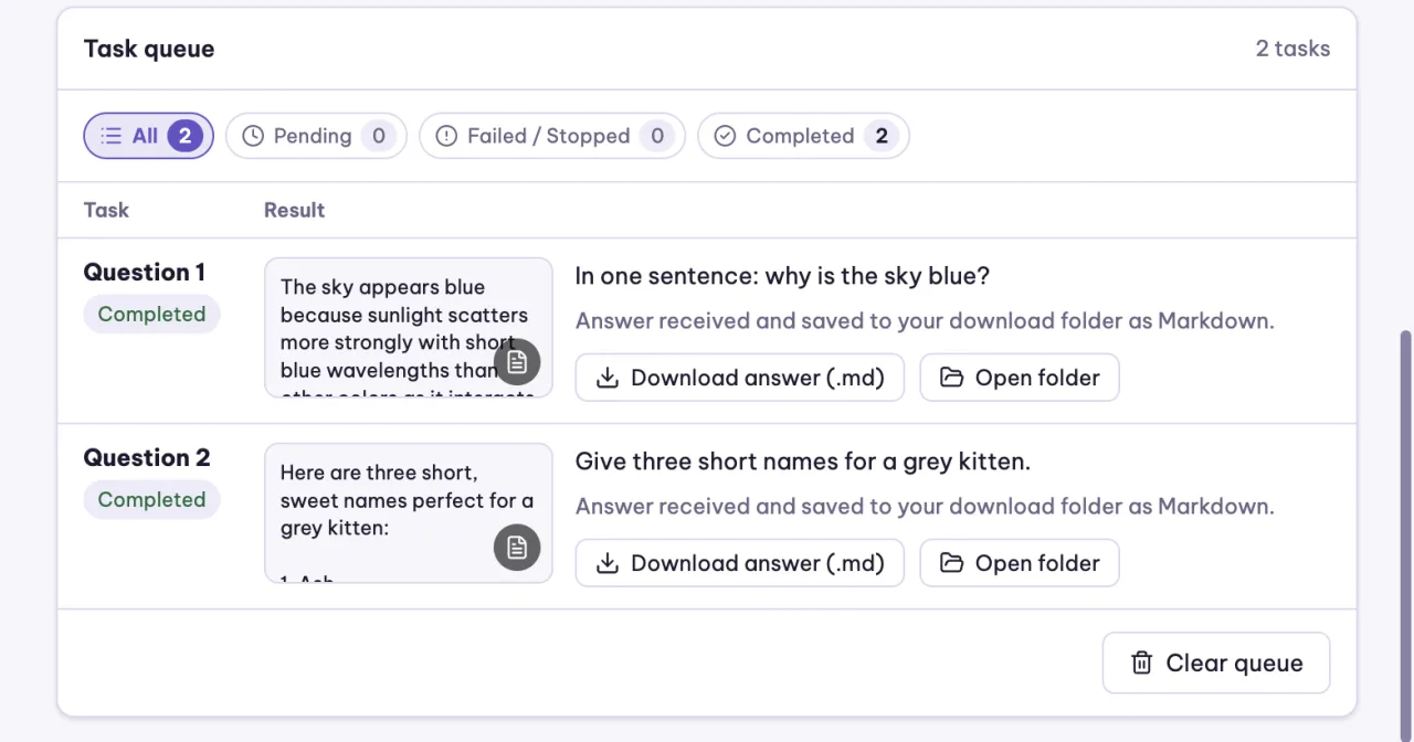 Two questions answered by Dola chat, each answer saved as a Markdown file