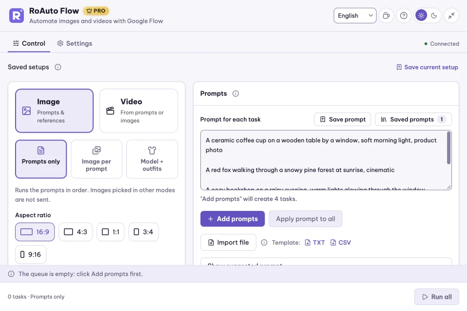 Prompt box, image modes and aspect ratios in the RoAuto Flow panel