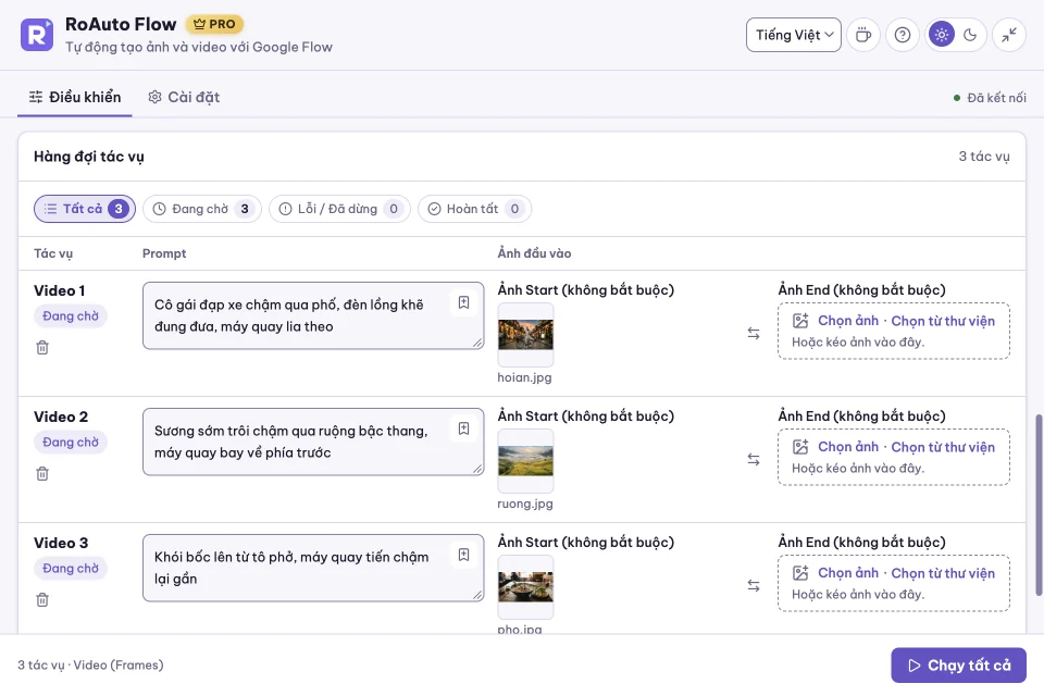 Ba tác vụ video, mỗi tác vụ có một ảnh Start, sẵn sàng để chạy