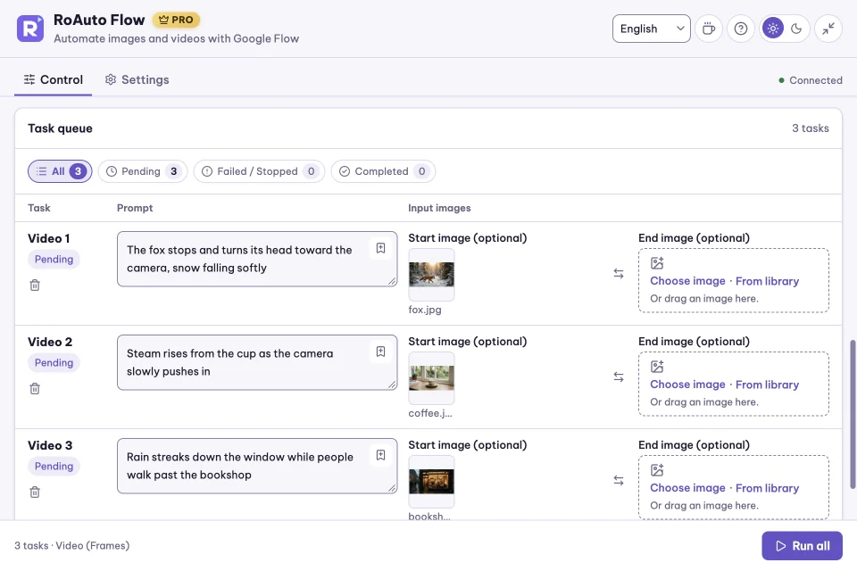 Three video tasks, each with a start image, ready to run